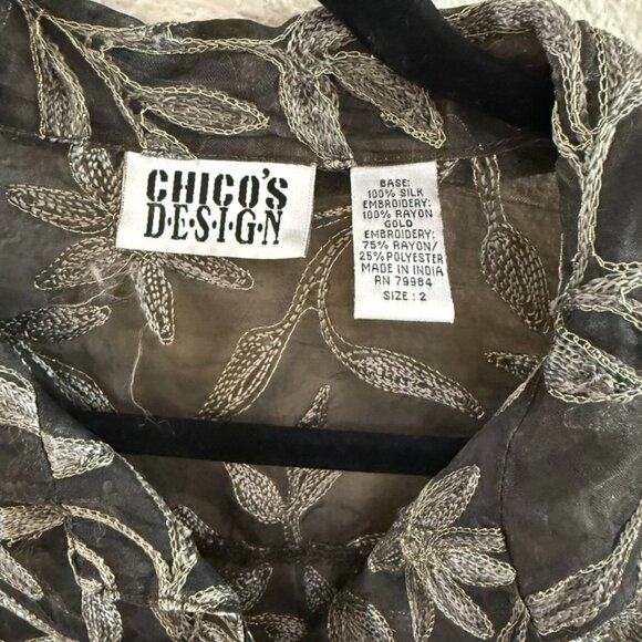 Chico's Design size 2 silk embroidery gold and black sheer button down - Picture 2 of 6